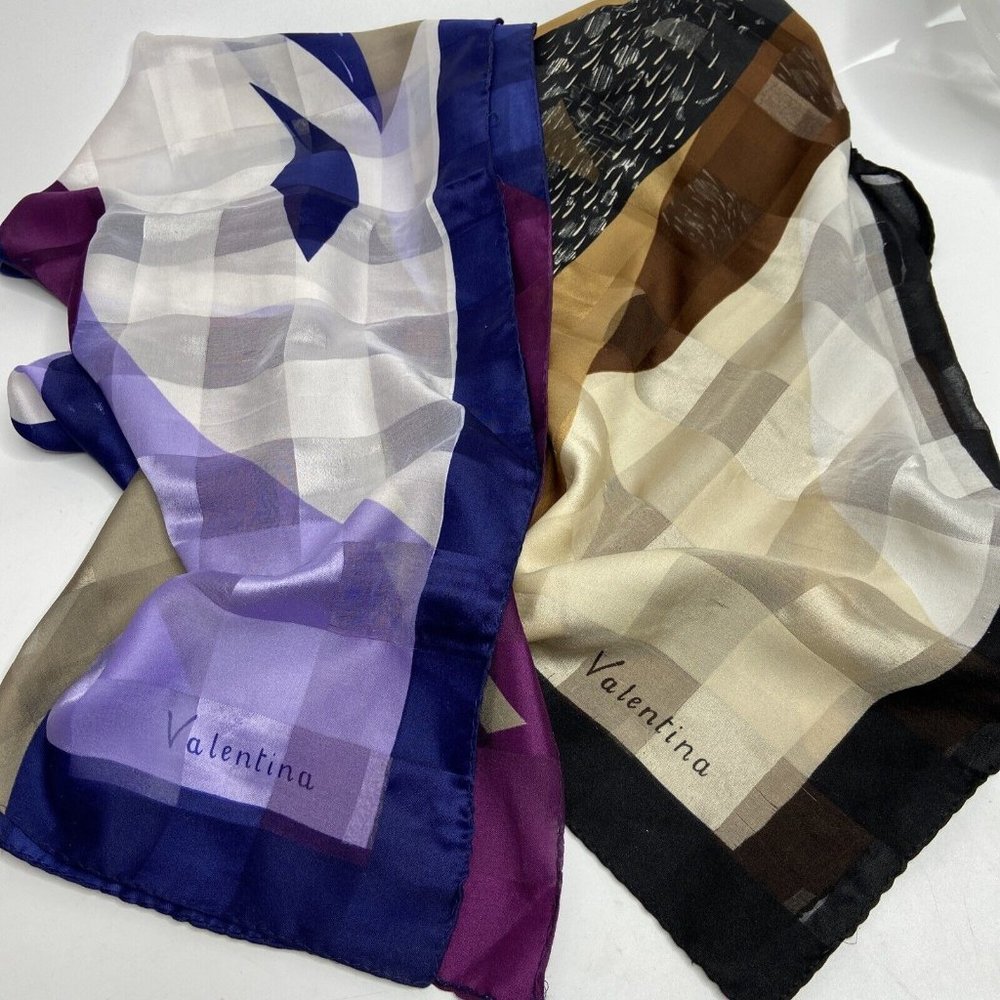 VALENTINA FERRARI Set of 2 Large Scarf Multi Color Check Moody Blues Browns Poly